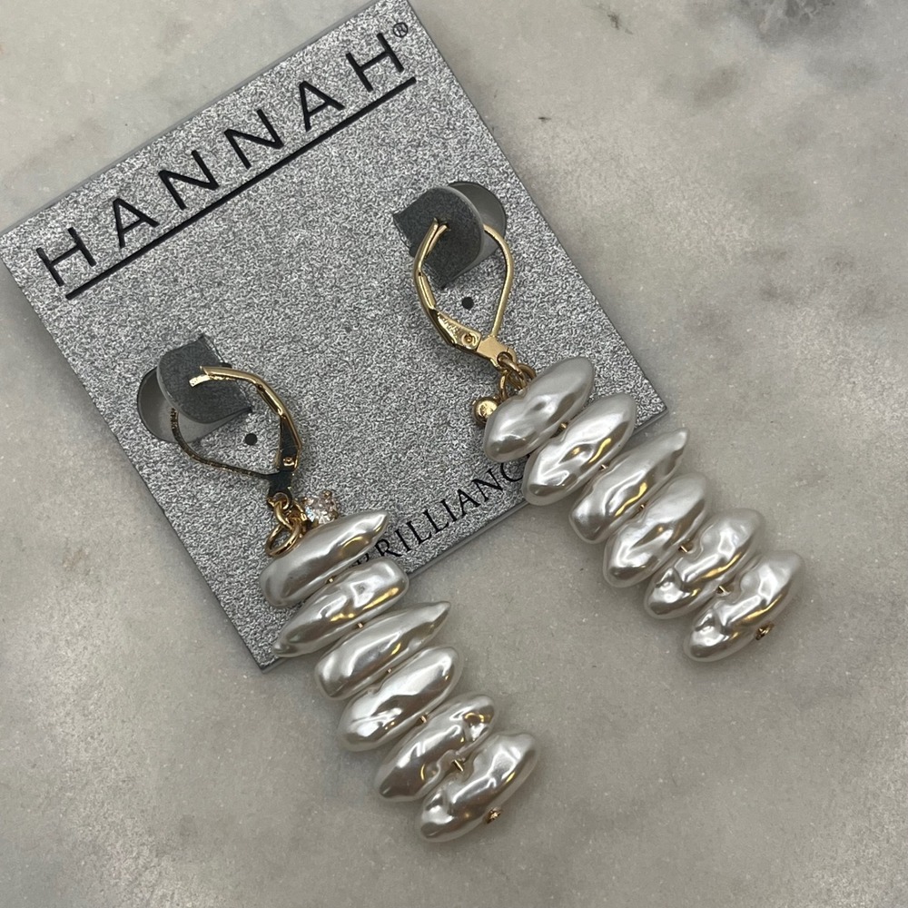 Baroque Pearl Dangle Earrings Dainty Faux Hannah Brilliance White Gold‎ Tone New